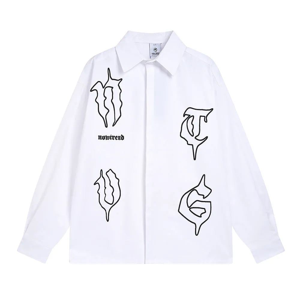 Gothic Letter Printed Long Sleeve Shirt Loose Casual Cardigan - Bellarte Enchanté Gothic Letter Printed Long Sleeve Shirt Loose Casual Cardigan